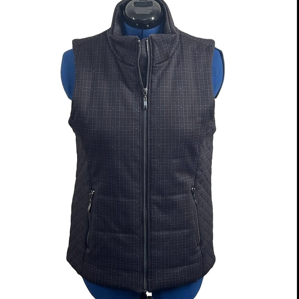 Lemon Tart Quilted Lined Vest Womens Sz L Black Gray‎ Red Plaid Full Zip Pocket